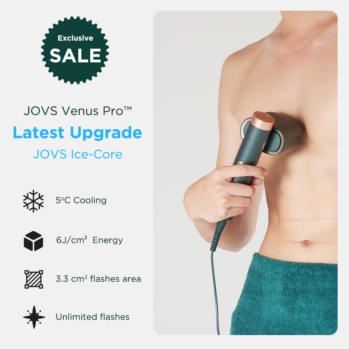 JOVS Venus Pro II IPL Hair Removal Device with Ice-Core cooling feature. Also suitable for men.